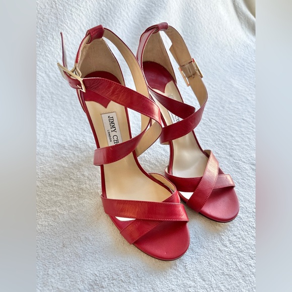 Jimmy Choo Lottie red leather‎ sandals 39 US 9 buckle heels  NEW - Picture 1 of 12